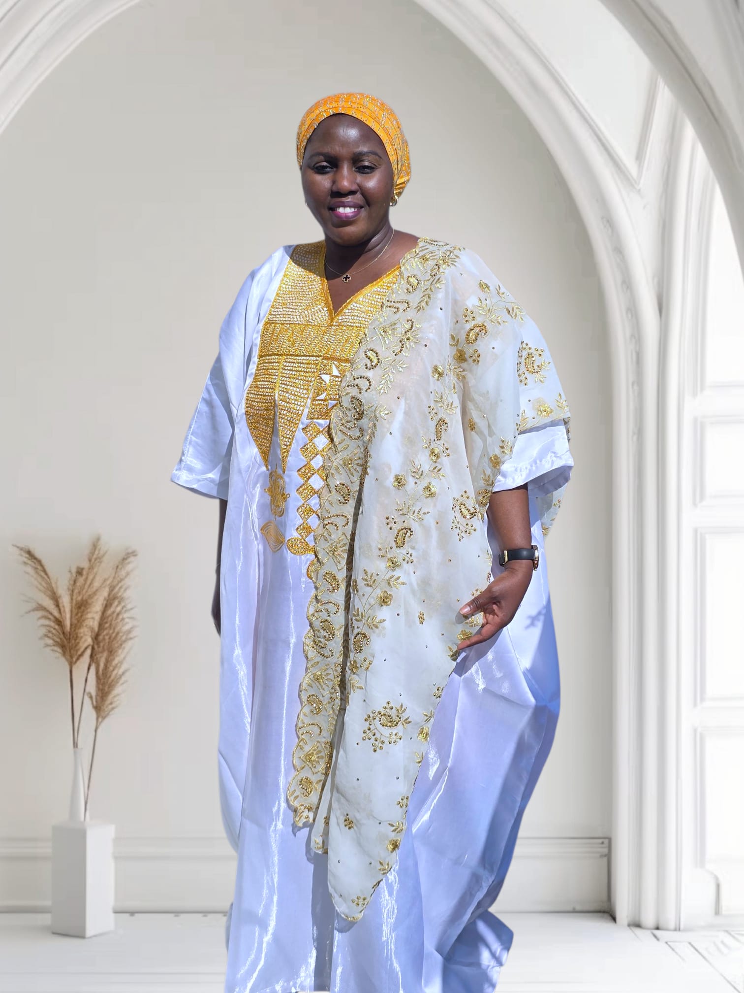 ABIKE ARIYIKE Elegant African Embroidered Boubou Kaftan – Available in Orange, Pink & White/Gold