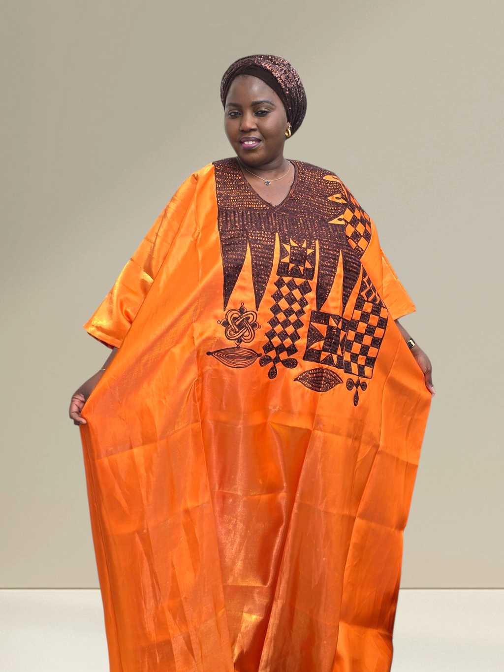 ABIKE ARIYIKE Elegant African Embroidered Boubou Kaftan – Available in Orange, Pink & White/Gold