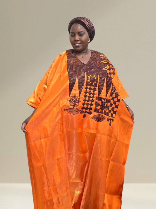 ABIKE ARIYIKE Elegant African Embroidered Boubou Kaftan – Available in Orange, Pink & White/Gold