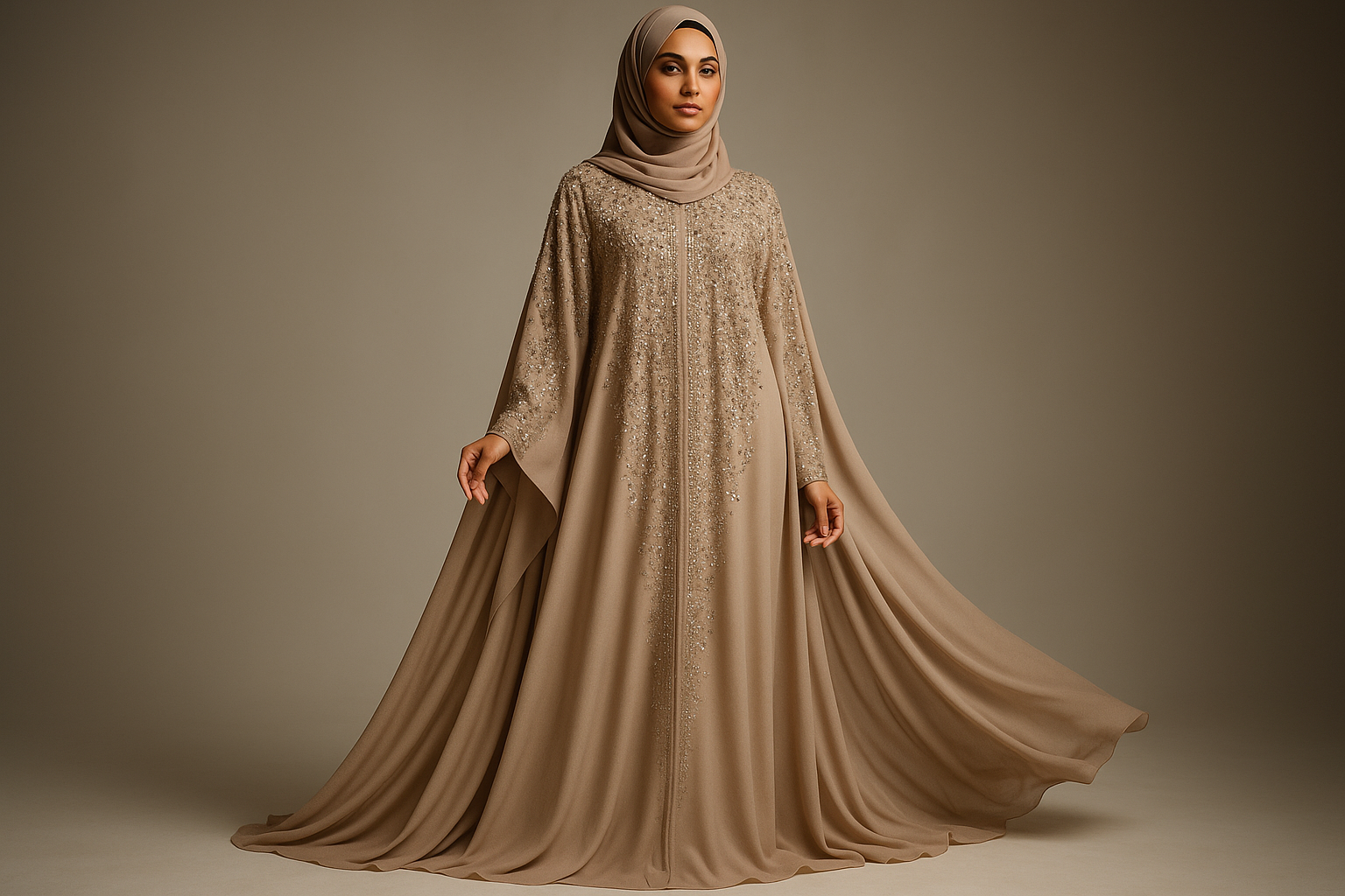 a picture of a muslim woman wearing a beige coloured beaded and stoned abaya looking glamourous. the veil should be draping and not fully covered. the picture should be full length and magazine worthy